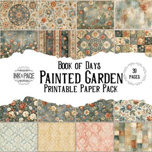 May include: A printable paper pack titled Book of Days Painted Garden with 39 pages. The image displays a collage of various patterns including floral motifs, damask prints, checkered squares, and striped designs in muted blue, red, and gold tones.