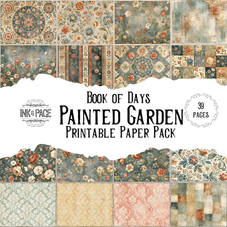May include: A printable paper pack titled Book of Days Painted Garden with 39 pages. The image displays a collage of various patterns including floral motifs, damask prints, checkered squares, and striped designs in muted blue, red, and gold tones.