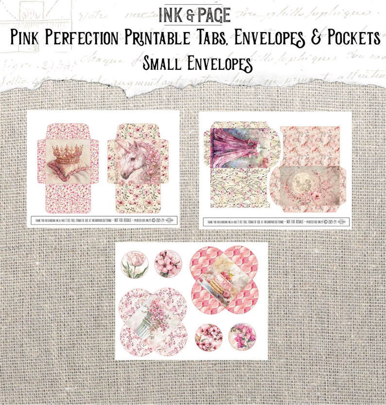 May include: Printable pink envelopes, tabs, and pockets with floral and unicorn designs. The set includes small envelopes, tabs, and pockets with a pink and white floral pattern, a unicorn design, and a pink and white floral pattern with a crown. The set also includes a set of six round pink and white floral designs.