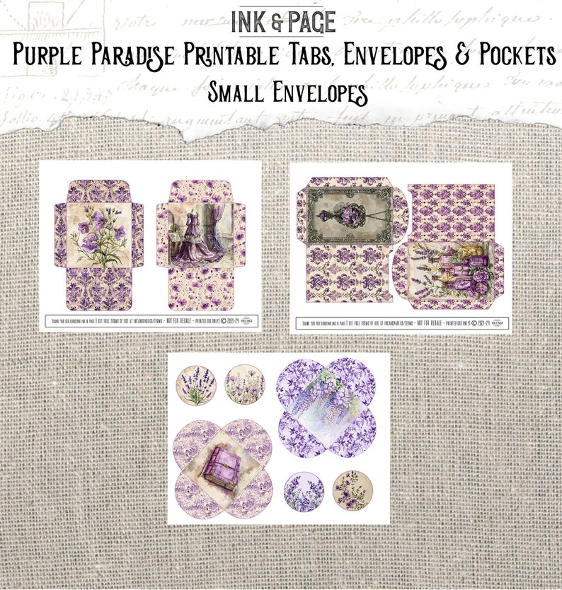 Purple Paradise Printable Ephemera Pockets Junk Journal Vintage Lavender Digital Envelopes Violet Scrapbook Rainbow Paper Wildflower Garden afbeelding 4
