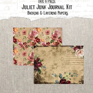 May include: Two digital paper designs for scrapbooking or junk journaling. One features a floral pattern with pink, red, and yellow roses on a beige background. The other features a vintage-style background with musical notes and a damask pattern.