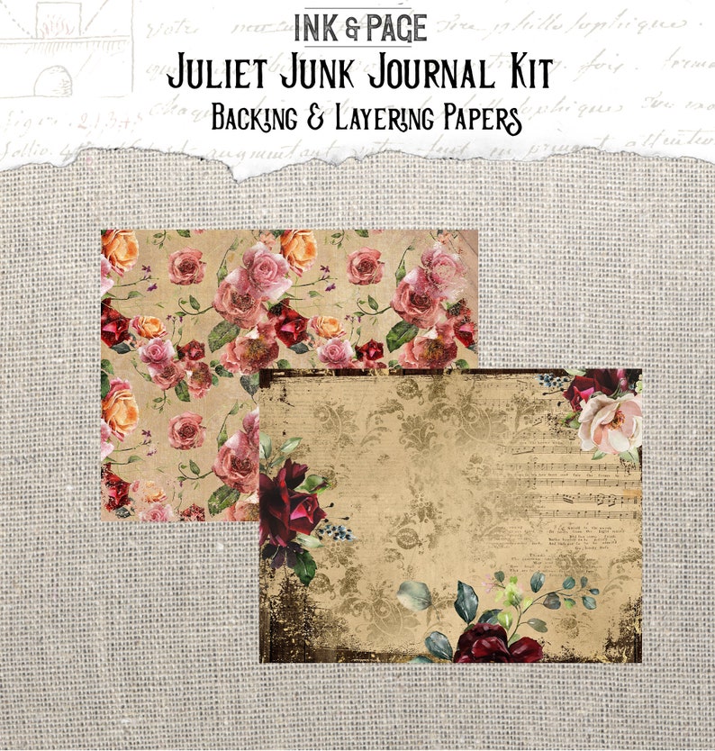 May include: Two digital paper designs for scrapbooking or junk journaling. One features a floral pattern with pink, red, and yellow roses on a beige background. The other features a vintage-style background with musical notes and a damask pattern.