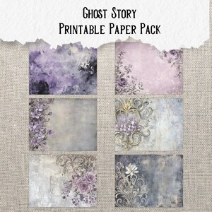 K&ouml;nnte beinhalten: Ein druckbares Papierpaket mit sechs verschiedenen Designs im Vintage-Stil. Die Designs beinhalten florale Muster, verzierte Wirbel und Aquarelltexturen in den Farben Lila, Grau und Wei&szlig;. Das Paket tr&auml;gt den Titel "Ghost Story Printable Paper Pack".