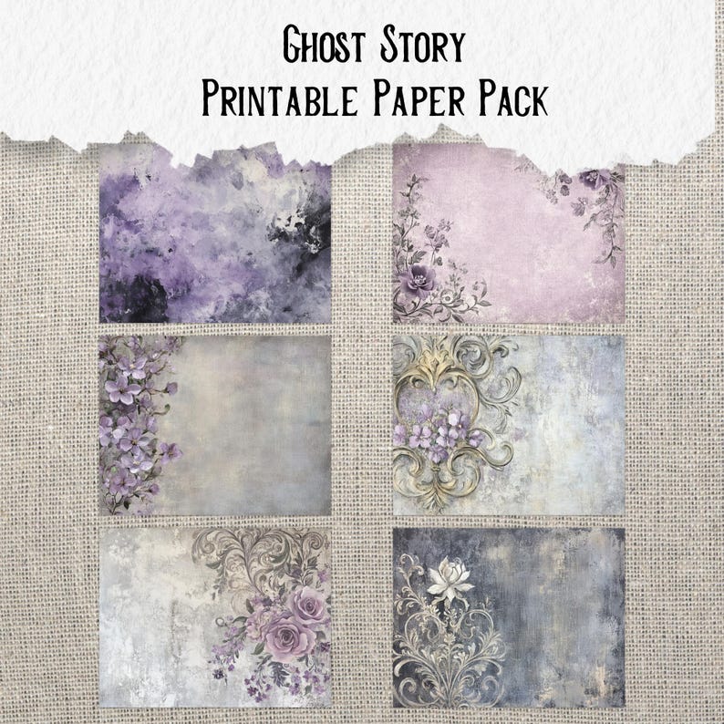 K&ouml;nnte beinhalten: Ein druckbares Papierpaket mit sechs verschiedenen Designs im Vintage-Stil. Die Designs beinhalten florale Muster, verzierte Wirbel und Aquarelltexturen in den Farben Lila, Grau und Wei&szlig;. Das Paket tr&auml;gt den Titel "Ghost Story Printable Paper Pack".