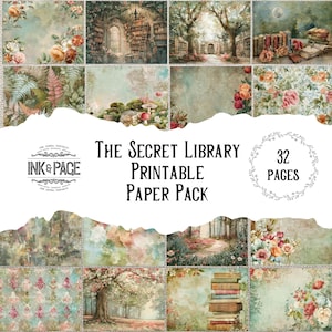 May include: A collection of 12 printable paper sheets with a vintage aesthetic. The sheets feature floral, library, and nature-themed designs in soft pastel colors. The text reads "The Secret Library Printable Paper Pack" and "32 Pages".