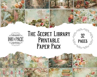 The Secret Library Printable Paper Pack Mixed Media and Collage Watercolor Background Pages Enchanted  Books