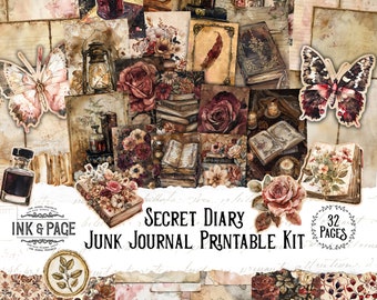 Secret Diary Junk Journal Printable Kit Vintage Grunge Digital Download Library Book Scrapbook Paper Collage Ephemera Lined Page Shabby Chic