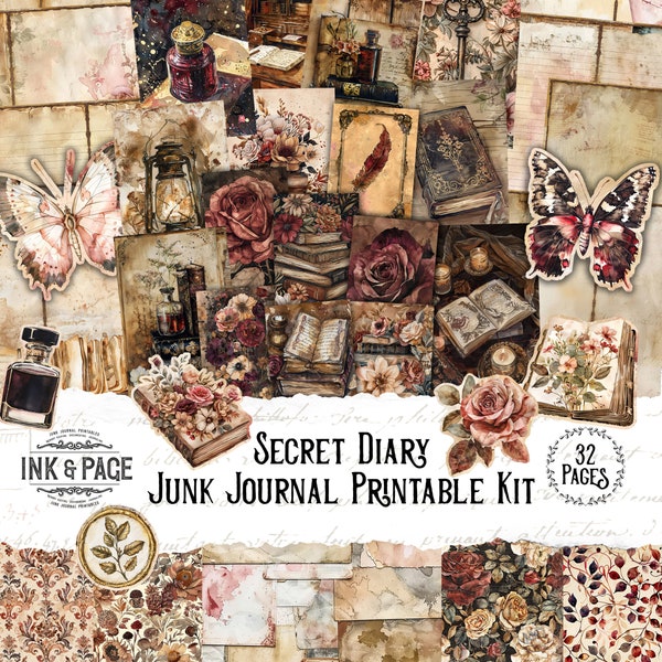 Secret Diary Junk Journal Printable Kit Vintage Grunge Digital Download Library Book Scrapbook Paper Collage Ephemera Lined Page Shabby Chic