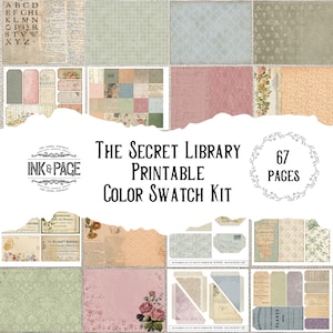 Pode incluir: Uma coleção de páginas de kit de amostras de cores imprimíveis com uma estética vintage. O kit inclui vários papéis estampados, etiquetas e efêmeras em cores pastel suaves. O texto "The Secret Library Printable Color Swatch Kit" é exibido.