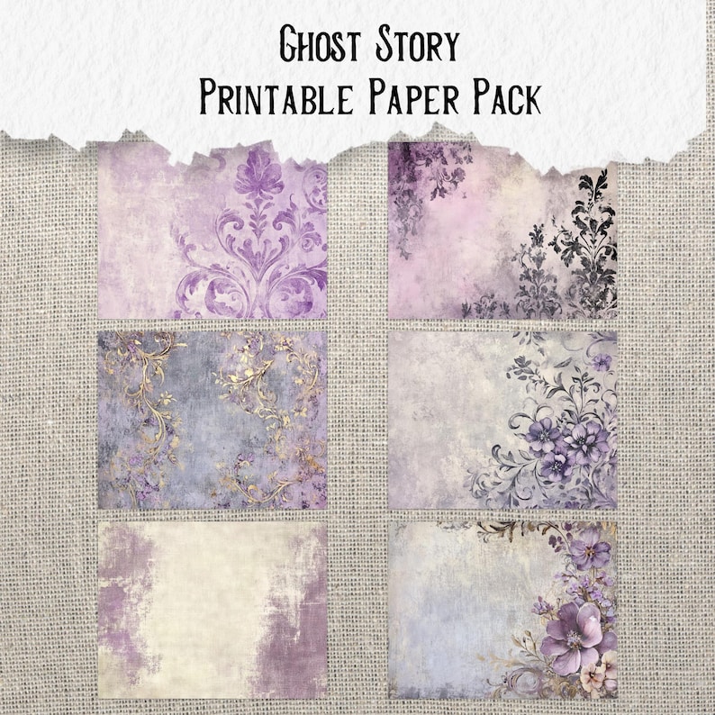 K&ouml;nnte beinhalten: Ein Set aus sechs druckbaren digitalen Papieren mit einem Vintage-, Used-Look und verblassten Farben. Die Papiere zeigen verschiedene Designs, darunter florale Muster, Damastmuster und abstrakte Muster. Die Papiere sind in den Farben Lila, Lavendel und Wei&szlig; gehalten.