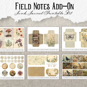 May include: Printable junk journal kit with a woodland theme. The kit includes envelopes, tags, and embellishments with images of butterflies, mushrooms, flowers, birds, and other nature-inspired designs.