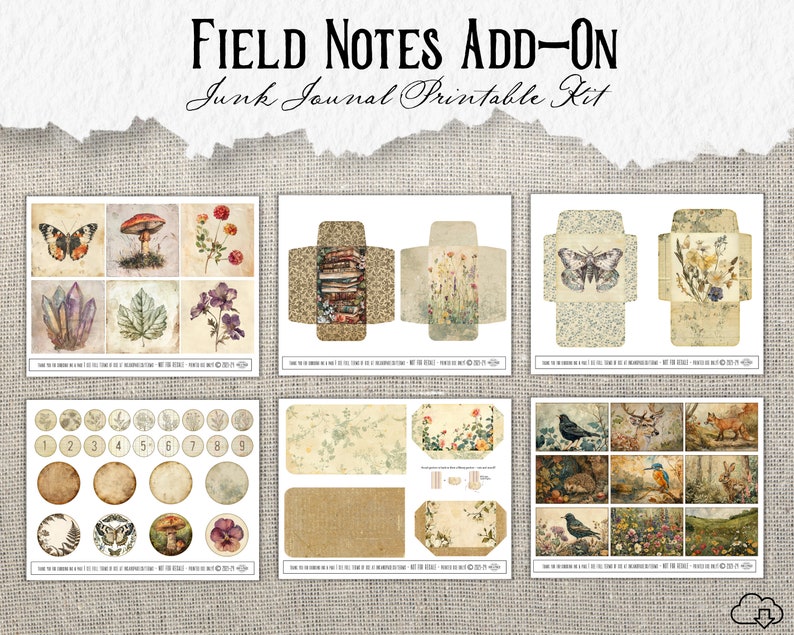 May include: Printable junk journal kit with a woodland theme. The kit includes envelopes, tags, and embellishments with images of butterflies, mushrooms, flowers, birds, and other nature-inspired designs.
