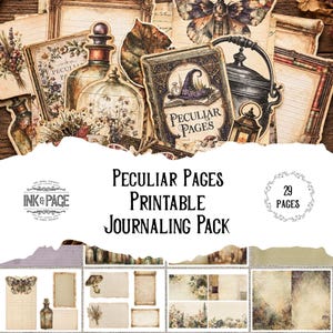May include: A collection of printable journaling ephemera featuring vintage-style illustrations of apothecary bottles, a moth, a cauldron, and a book titled Peculiar Pages. The set includes 29 pages of decorative paper, stationery, and labels.