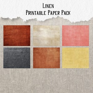 May include: A printable paper pack featuring six rectangular linen textures in various colors. The colors include shades of red, beige, pink, gray, and yellow. The text "Linen Printable Paper Pack" is displayed at the top of the image.