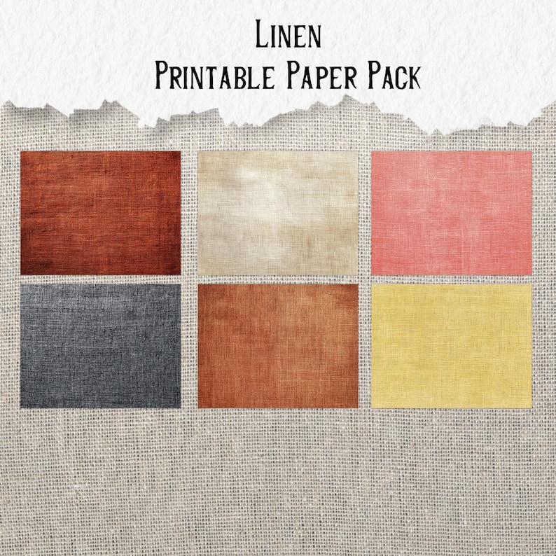May include: A printable paper pack featuring six rectangular linen textures in various colors. The colors include shades of red, beige, pink, gray, and yellow. The text "Linen Printable Paper Pack" is displayed at the top of the image.