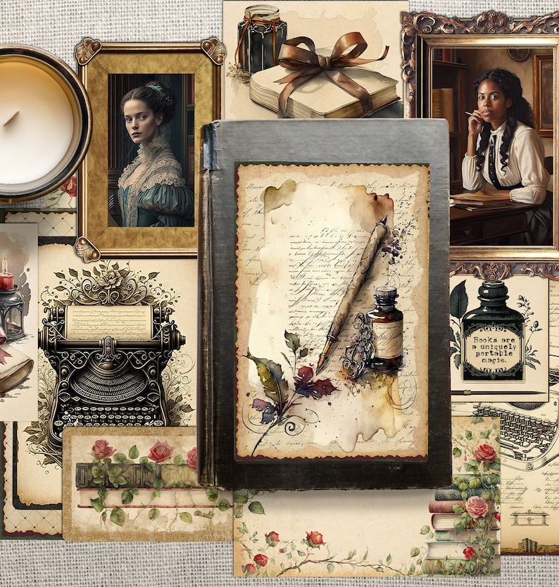 Författarens skräpjournal utskrivbart kit viktoriansk damförfattare ephemerabibliotek vintage skrivmaskinsbok Bujo Dark Academia digital nedladdning bild 8