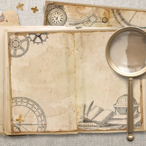 May include: An open vintage journal with a magnifying glass, gears, and a compass design. The journal has a worn, aged look and is perfect for writing or sketching.