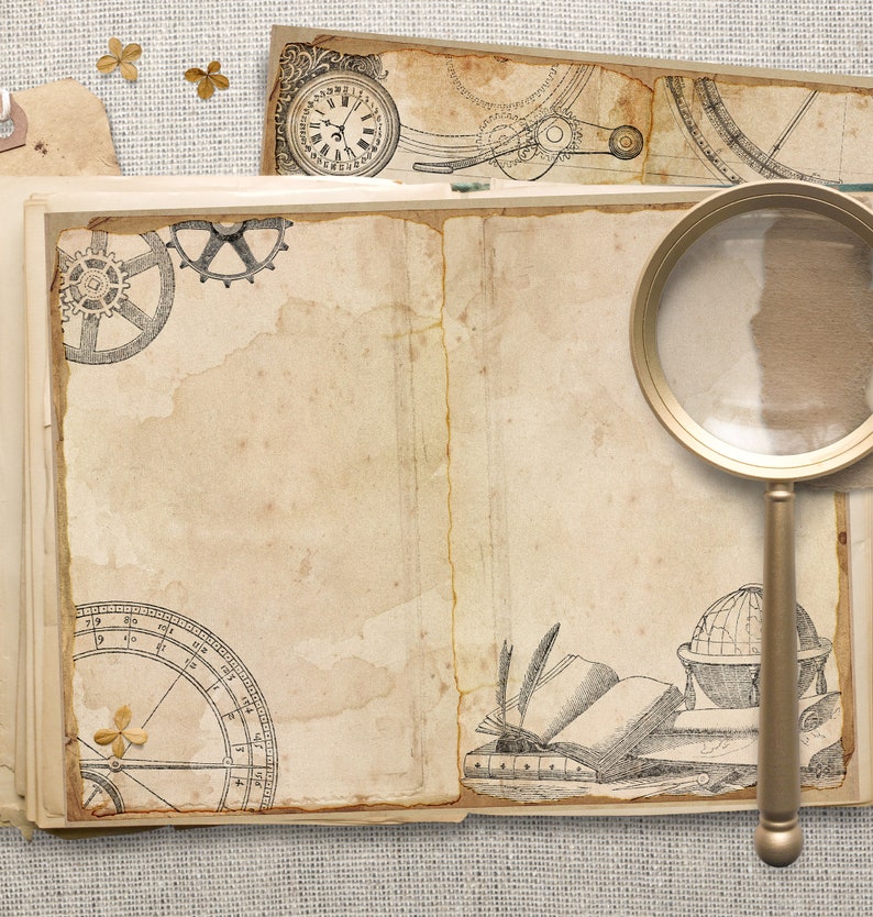 May include: An open vintage journal with a magnifying glass, gears, and a compass design. The journal has a worn, aged look and is perfect for writing or sketching.
