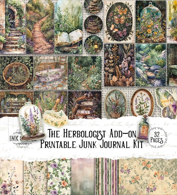 The Herbologist Printable Ephemera Junk Journal Kit Green Witch Digital Ephemera Garden Tags Nature Pockets Victorian Envelopes Scrapbook