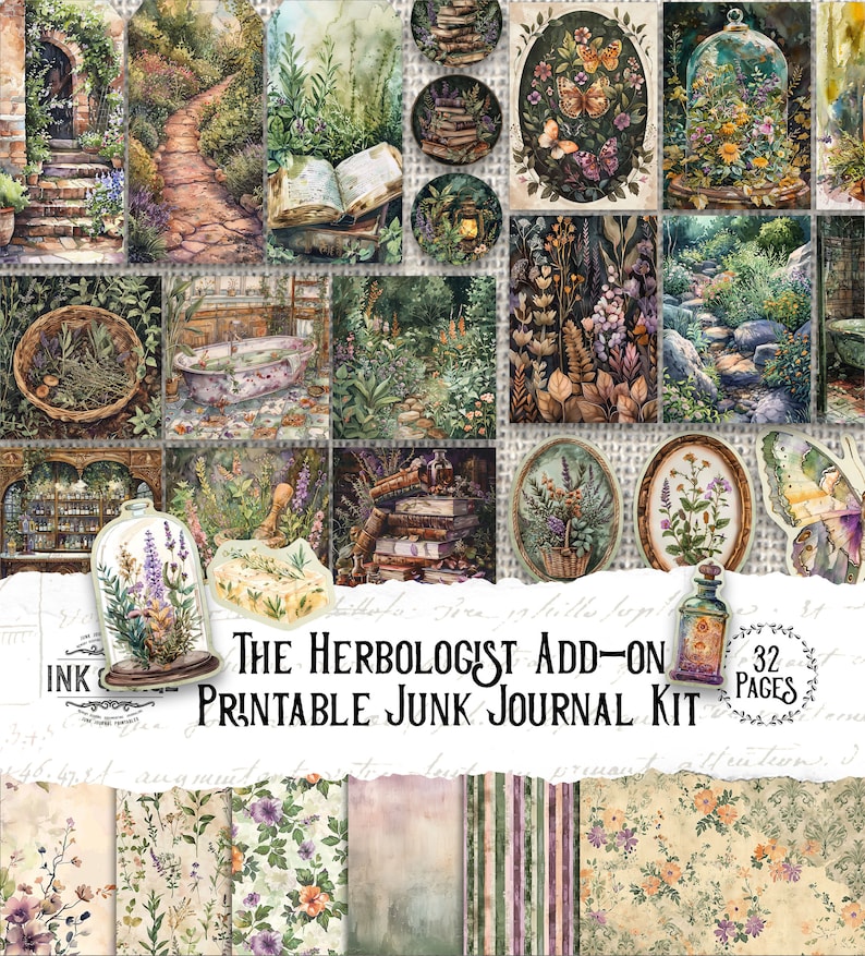 K&ouml;nnte beinhalten: Ein druckbares Junk Journal Kit mit 32 Seiten zum Thema Botanik. Das Kit enth&auml;lt Bilder von Pflanzen, Blumen, B&uuml;chern und anderen naturinspirierten Elementen. Der Text "The Herbalist Add-On Printable Junk Journal Kit" ist auf der Vorderseite des Kits abgebildet.