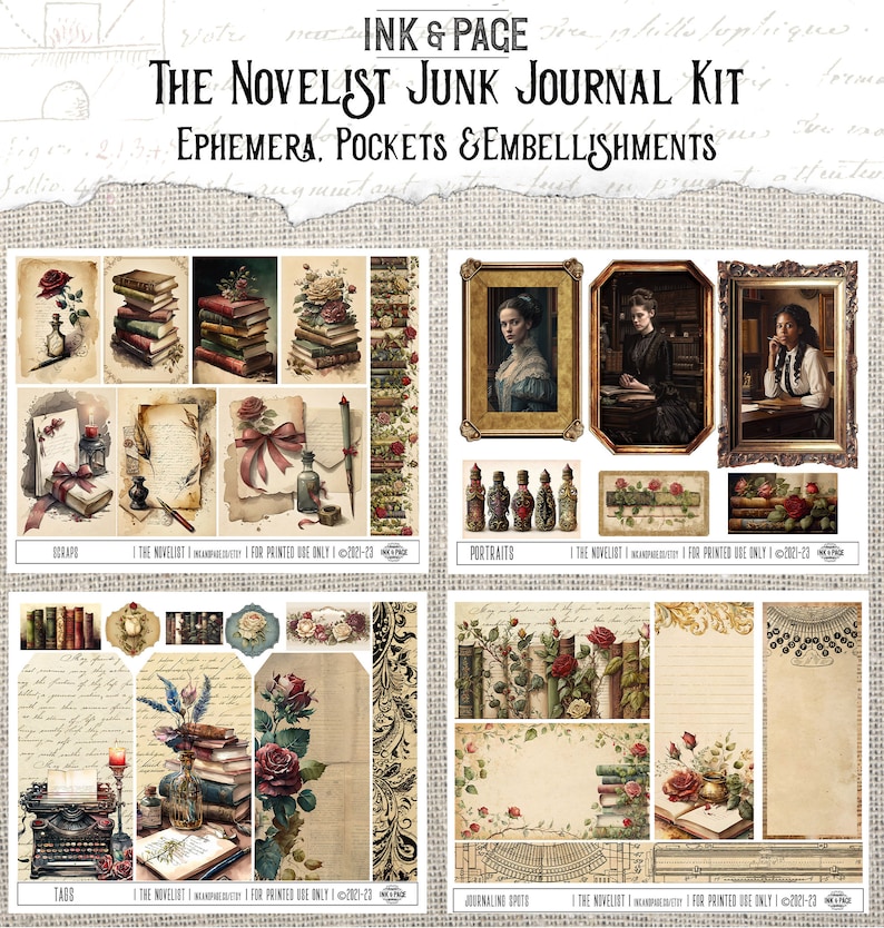 Författarens skräpjournal utskrivbart kit viktoriansk damförfattare ephemerabibliotek vintage skrivmaskinsbok Bujo Dark Academia digital nedladdning bild 5