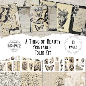 A Thing of Beauty Folio Junk Journal Printable Kit Pretty Project Grungy Vintage French Folio Butterflies and Roses Folder Castle Ephemera