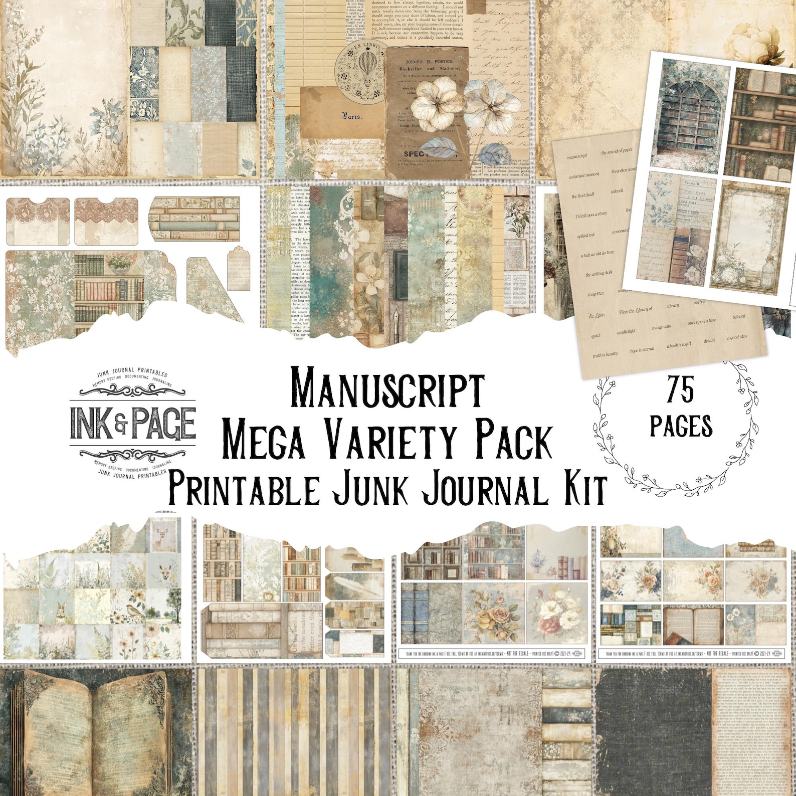 Manuscript Mega Junk Journal Printable Kit Huge Vintage Book Lover ...