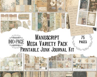 Manuskript Mega Junk Journal Druckbares Kit Riesiger Vintage Buchliebhaber Digitaler Download Schriftsteller Grungy Ephemera Bibliothek Scrapbook Papier Romanautor