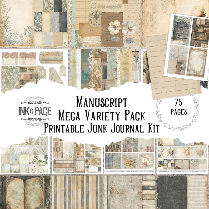 Manuscript Mega Junk Journal Printable Kit Huge Vintage Book Lover ...