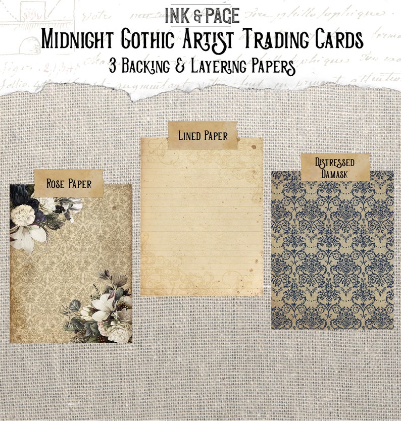 May include: Three digital paper designs for crafting and scrapbooking. The papers feature a rose pattern, lined paper, and a distressed damask pattern. The papers are labeled "Rose Paper", "Lined Paper", and "Distressed Damask".