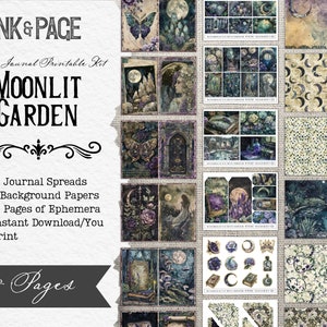 Pode incluir: Um kit imprim&iacute;vel para di&aacute;rios de sucata com um tema de jardim iluminado pela lua. O kit inclui 12 p&aacute;ginas de di&aacute;rio, 6 pap&eacute;is de fundo e 13 p&aacute;ginas de ef&ecirc;meras. As imagens est&atilde;o em uma paleta de cores escuras e melanc&oacute;licas com tons de verde, azul e roxo. O kit &eacute; intitulado "Moonlit Garden" e inclui o texto "Ink & Page Junk Journal Printable Kit".