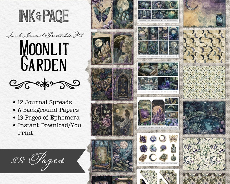 Pode incluir: Um kit imprim&iacute;vel para di&aacute;rios de sucata com um tema de jardim iluminado pela lua. O kit inclui 12 p&aacute;ginas de di&aacute;rio, 6 pap&eacute;is de fundo e 13 p&aacute;ginas de ef&ecirc;meras. As imagens est&atilde;o em uma paleta de cores escuras e melanc&oacute;licas com tons de verde, azul e roxo. O kit &eacute; intitulado "Moonlit Garden" e inclui o texto "Ink & Page Junk Journal Printable Kit".