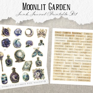 Pode incluir: Um conjunto de adesivos imprim&iacute;veis para di&aacute;rios de sucata com um tema de jardim iluminado pela lua. Os adesivos incluem imagens de luas, flores, garrafas, borboletas e mariposas. O conjunto tamb&eacute;m inclui uma folha de etiquetas de texto com palavras como "luz da lua", "jardim" e "reflex&atilde;o".