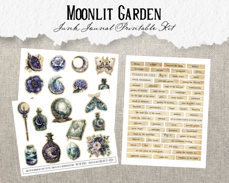 Pode incluir: Um conjunto de adesivos imprim&iacute;veis para di&aacute;rios de sucata com um tema de jardim iluminado pela lua. Os adesivos incluem imagens de luas, flores, garrafas, borboletas e mariposas. O conjunto tamb&eacute;m inclui uma folha de etiquetas de texto com palavras como "luz da lua", "jardim" e "reflex&atilde;o".