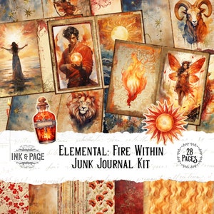 Fire Junk Journal afdrukbare Kit vier elementen digitale download hemelse ephemera maan scrapbook papier astrologische grimoire vintage zon