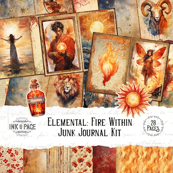 Fire Junk Journal Printable Kit Four Elements Digital Download Celestial Ephemera Moon Scrapbook Paper Astrological Grimoire Vintage Sun