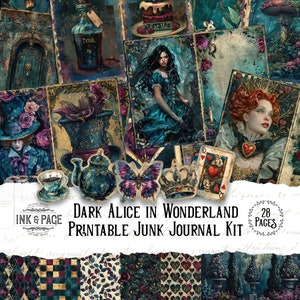 Dark Alice in Wonderland Junk Journal Printable Kit Gothic Fairytale Ephemera Magenta Digital Download Teal Scrapbook Paper Dark Whimsy Page