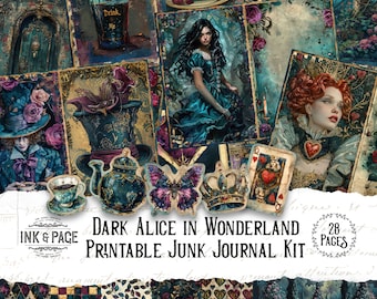 Dark Alice im Wunderland Junk Journal Druckbares Kit Gothic Märchen Ephemera Magenta Digital Download Teal Scrapbook Papier Dark Whimsy Page