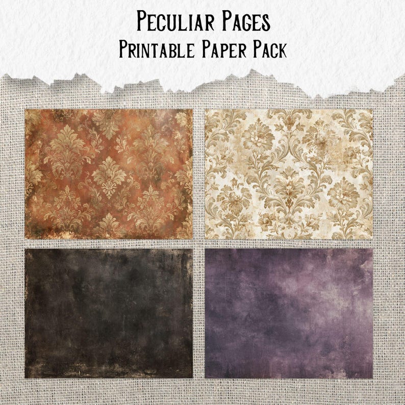 May include: A printable paper pack titled Peculiar Pages featuring four distinct sheets. Two sheets display a repeating damask pattern in shades of rust orange and beige, while the other two show solid, distressed textures in dark grey and purple.