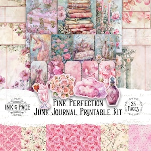 Pink Perfection Junk Journal Printable Kit Shabby Ephemera Digital Scrapbook Paper Butterflies Mixed Media Roses Journaling Pages Botanical