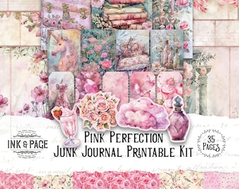 Pink Perfection Junk Journal Printable Kit Shabby Ephemera Digital Scrapbook Paper Butterflies Mixed Media Roses Journaling Pages Botanical