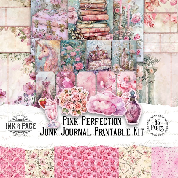 Pink Perfection Junk Journal Printable Kit Shabby Ephemera Digital Scrapbook Paper Butterflies Mixed Media Roses Journaling Pages Botanical