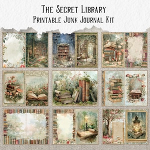 May include: A collection of printable junk journal kit pages with a fantasy library theme. The pages feature illustrations of stacks of books, open books, and library scenes with floral and mushroom accents. The text "The Secret Library Printable Junk Journal Kit" is at the top.
