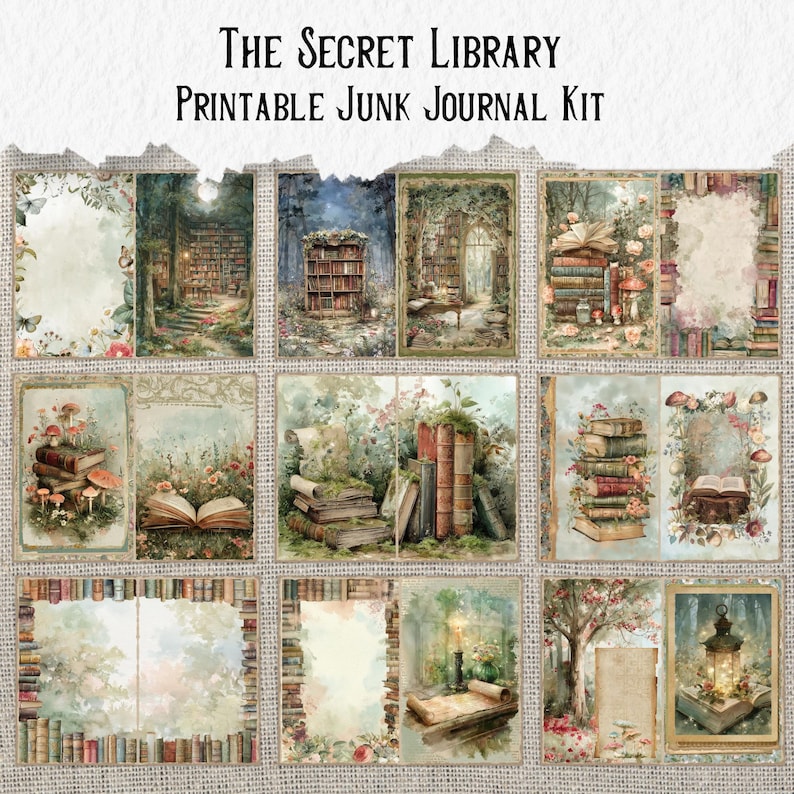 May include: A collection of printable junk journal kit pages with a fantasy library theme. The pages feature illustrations of stacks of books, open books, and library scenes with floral and mushroom accents. The text "The Secret Library Printable Junk Journal Kit" is at the top.