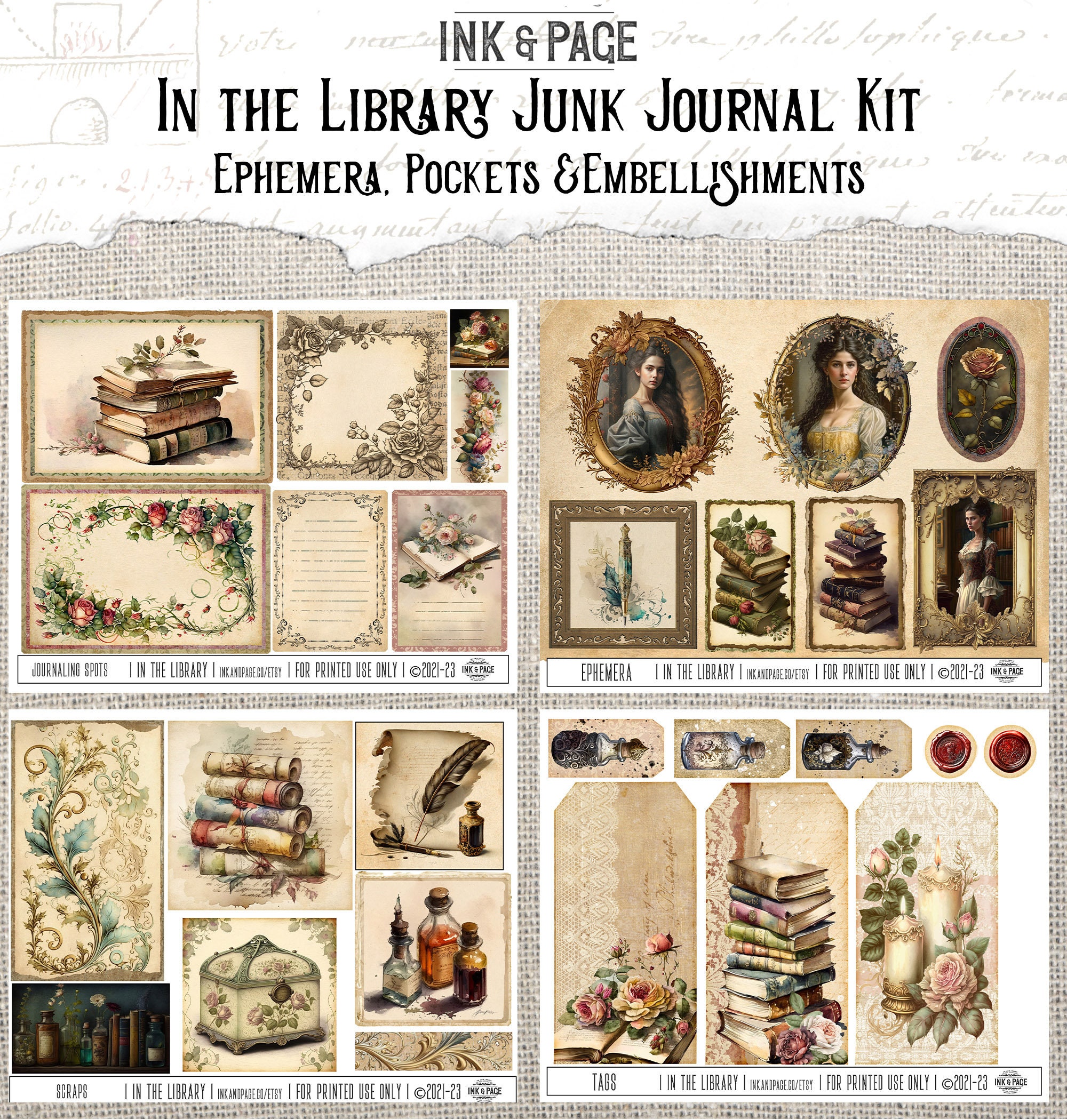 In the Library Junk Journal Printable Kit Vintage Book Digital Download ...