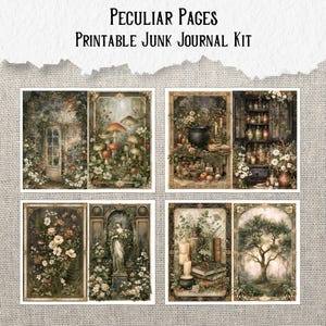 Op de afbeelding: Peculiar Pages printbare junk journal kit met acht rechthoekige vellen met donkere, gedetailleerde illustraties van botanische sc&egrave;nes, paddenstoelen, een ketel, apothekersplanken, een stenen standbeeld en een grote boom in een bos.