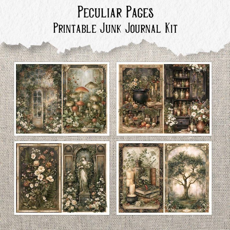 Op de afbeelding: Peculiar Pages printbare junk journal kit met acht rechthoekige vellen met donkere, gedetailleerde illustraties van botanische sc&egrave;nes, paddenstoelen, een ketel, apothekersplanken, een stenen standbeeld en een grote boom in een bos.