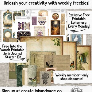 Puede incluir: Un collage de im&aacute;genes imprimibles para el diario de chatarra, con temas de bosque, mariposas y ef&iacute;meras vintage. El texto "Free Into the Woods Printable Junk Journal Starter Kit" est&aacute; incluido.