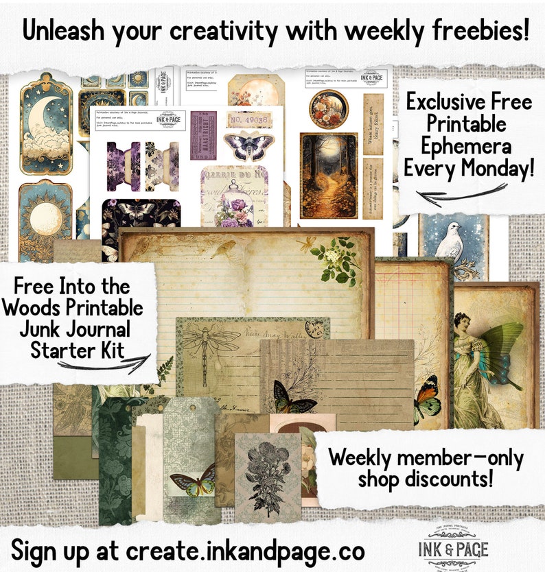 Puede incluir: Un collage de im&aacute;genes imprimibles para el diario de chatarra, con temas de bosque, mariposas y ef&iacute;meras vintage. El texto "Free Into the Woods Printable Junk Journal Starter Kit" est&aacute; incluido.