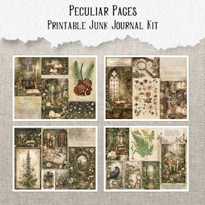 Op de afbeelding: Een printbare junk journal kit genaamd Peculiar Pages met vier vellen papierontwerpen in vintage-stijl. De afbeeldingen bevatten botanische illustraties van varens, paddenstoelen en bloemen, naast gotische architecturale elementen en een raaf.
